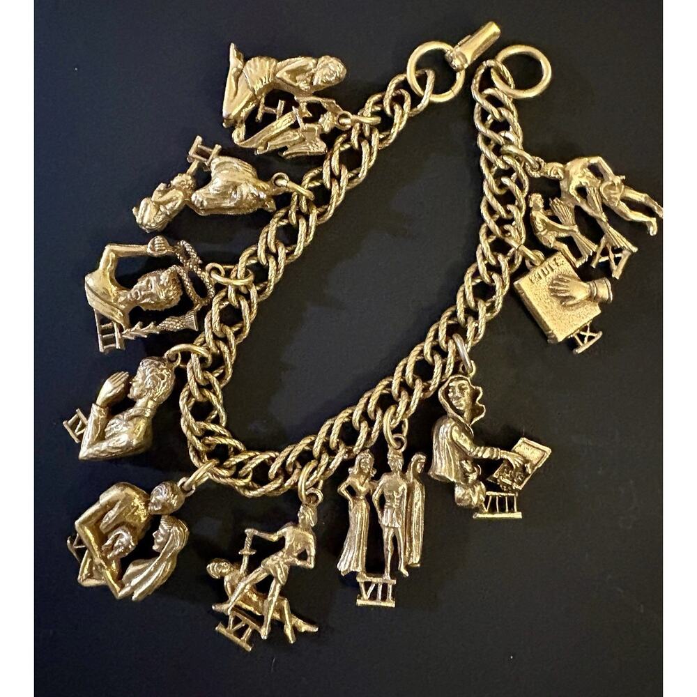 Vintage Coro Gold-tone Ten Commandments Charm Bracelet 7 1/2 MCM Estate Jewelry